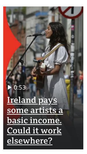 Screenshot of a vertical video with the caption "Ireland pays some artists a basic income. Could it work elsewhere?"