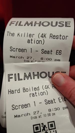 Cinema tickets for two films. The Killer, and Hard Boiled 