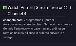 Kagi search result showing a link to watch Primal on the Channel 4 streaming service 