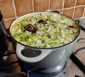 A Dutch oven on top of a stove. It's full to the brim with vegetables and water 