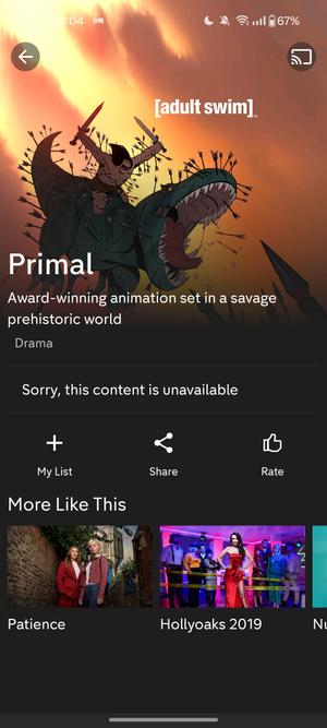 Screenshot of the channel 4 streaming service saying Primal is not available 