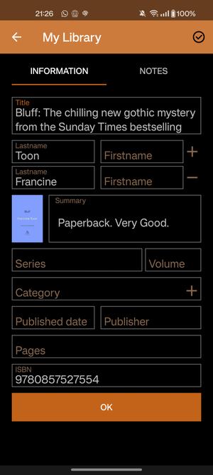 A screenshot of an android app after scanning a book barcode. The title includes a summary, and the summary is a review